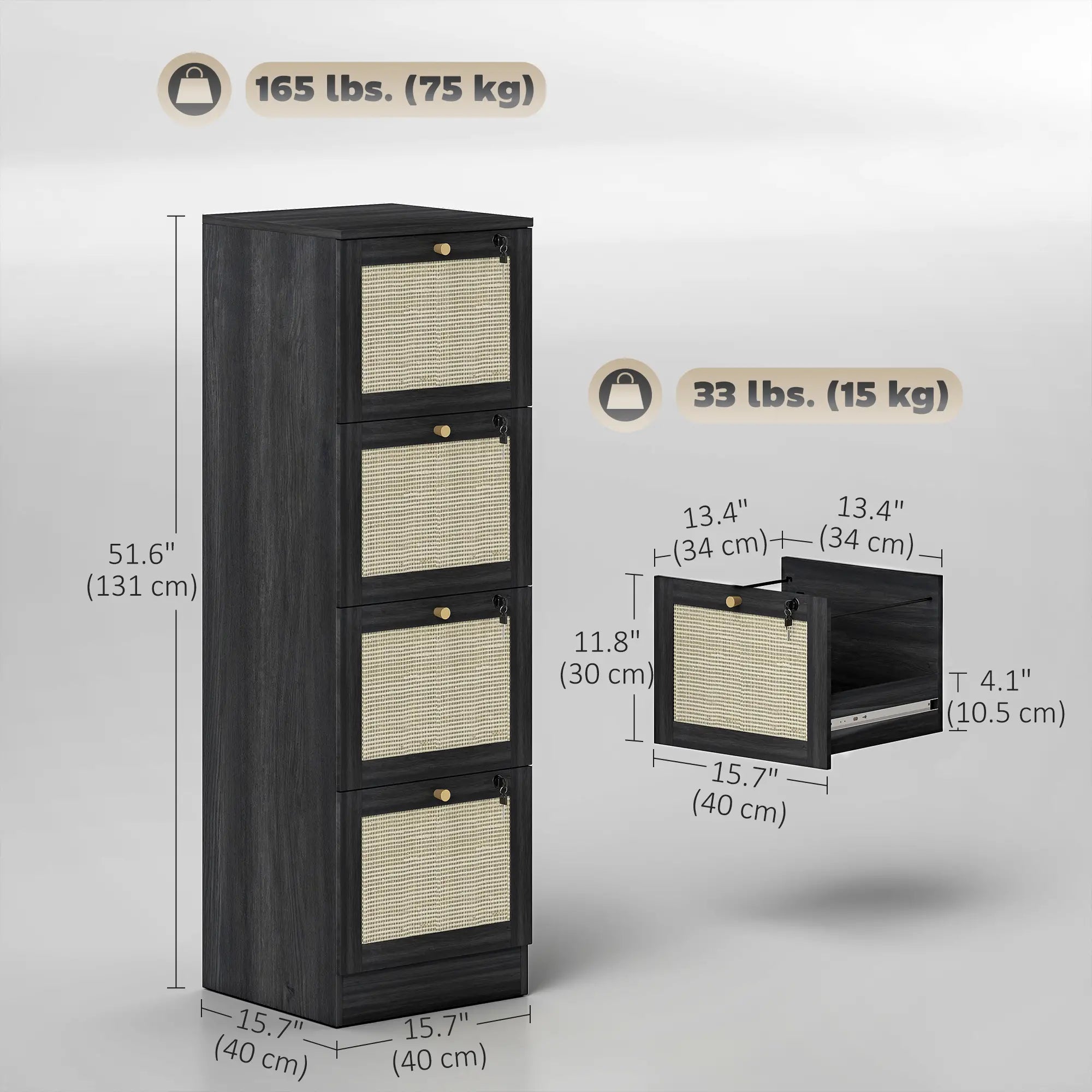 4 Drawer Filing Cabinet with Lock, Boho Style, A4 Letter Size, Black Office Cabinets & Cupboards at Gallery Canada