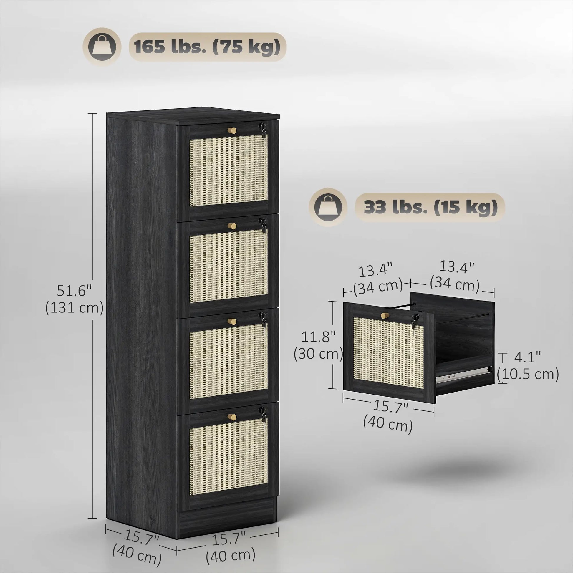 4 Drawer Filing Cabinet with Lock, Boho Style, A4 Letter Size, Black Office Cabinets & Cupboards at Gallery Canada