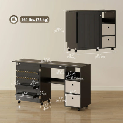 Rolling Sewing Machine Table, Folding Craft Table with Drawers, Bins, Pegs, Black Sewing Cabinets at Gallery Canada