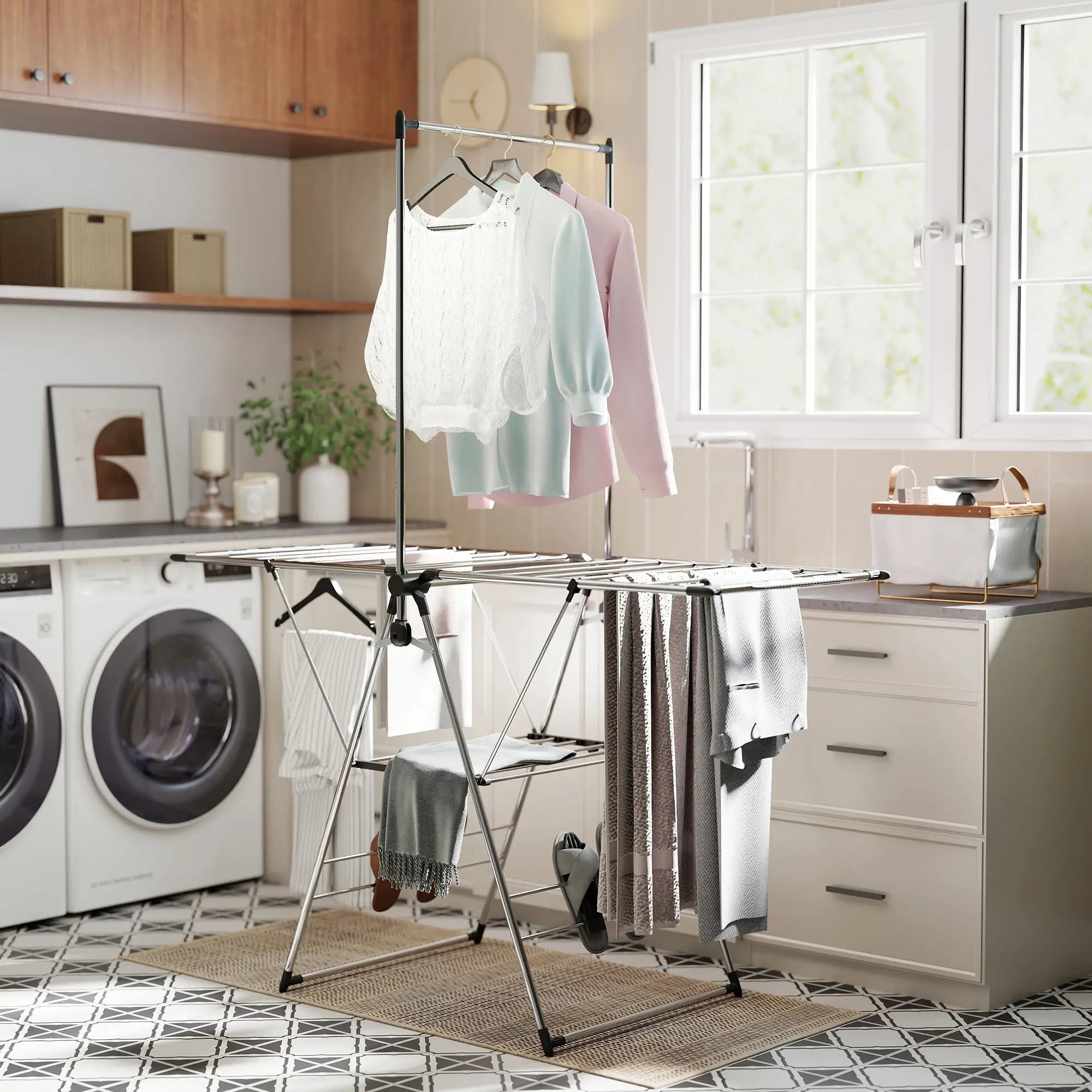 Foldable Stainless Steel Clothes Drying Rack, Adjustable Gullwings, Silver Bath Accessories at Gallery Canada