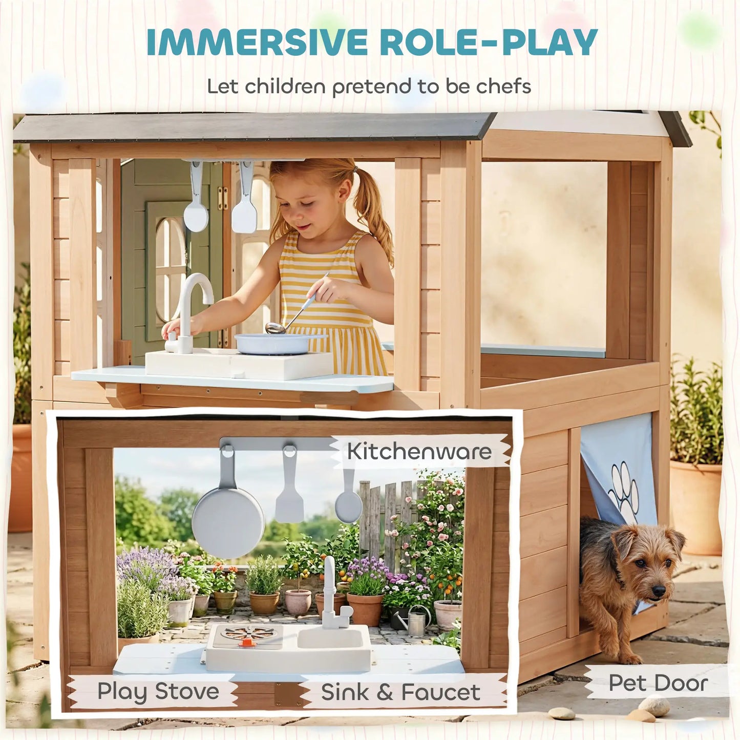 Kids Outdoor Playhouse, Wooden Cottage With Pet Door, Play Kitchen Play Houses at Gallery Canada