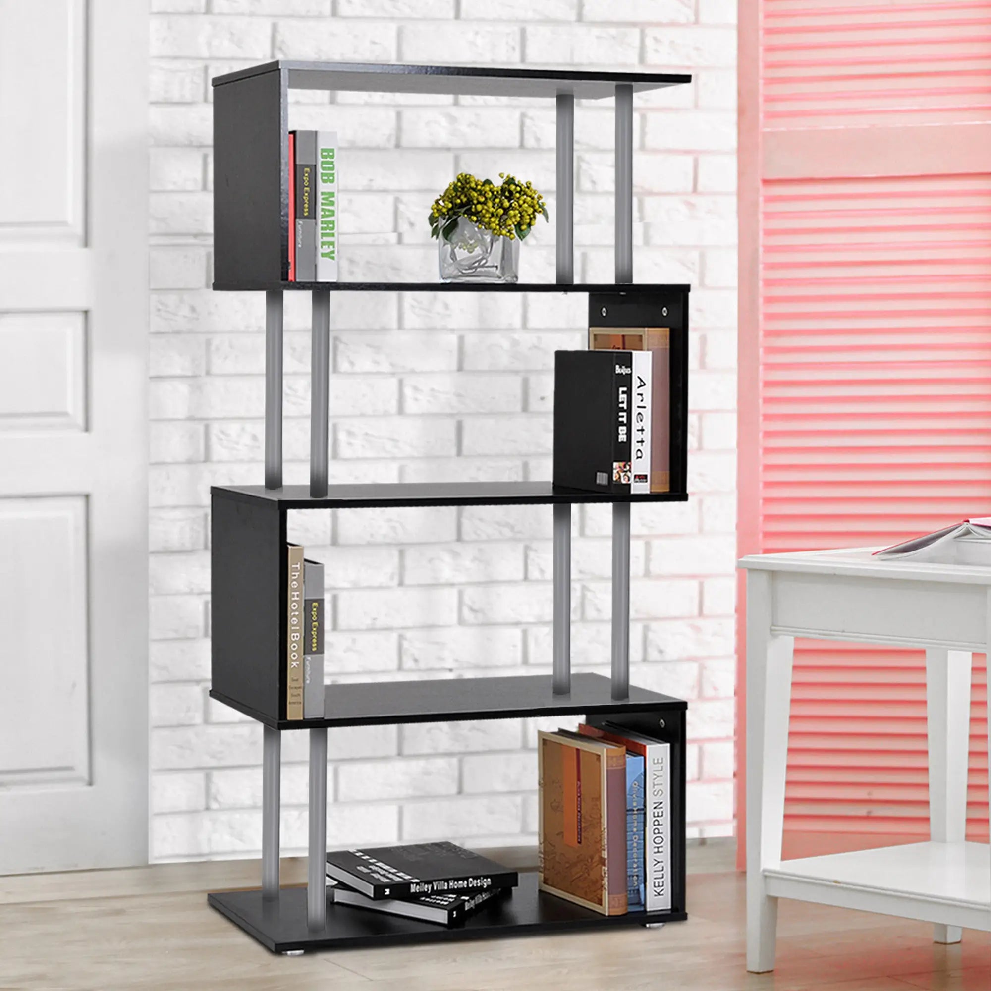5-Tier Geometric Wooden Bookcase, S-Shaped Storage, Black Display Bookshelves at Gallery Canada