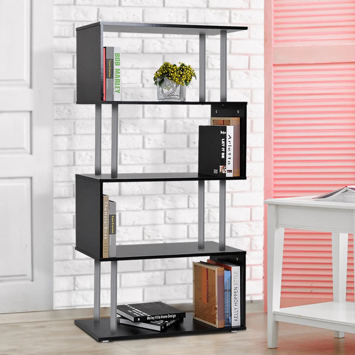5-Tier Geometric Wooden Bookcase, S-Shaped Storage, Black Display Bookshelves at Gallery Canada