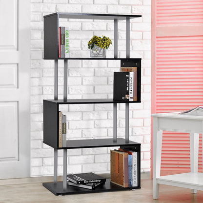 5-Tier Geometric Wooden Bookcase, S-Shaped Storage, Black Display Bookshelves at Gallery Canada