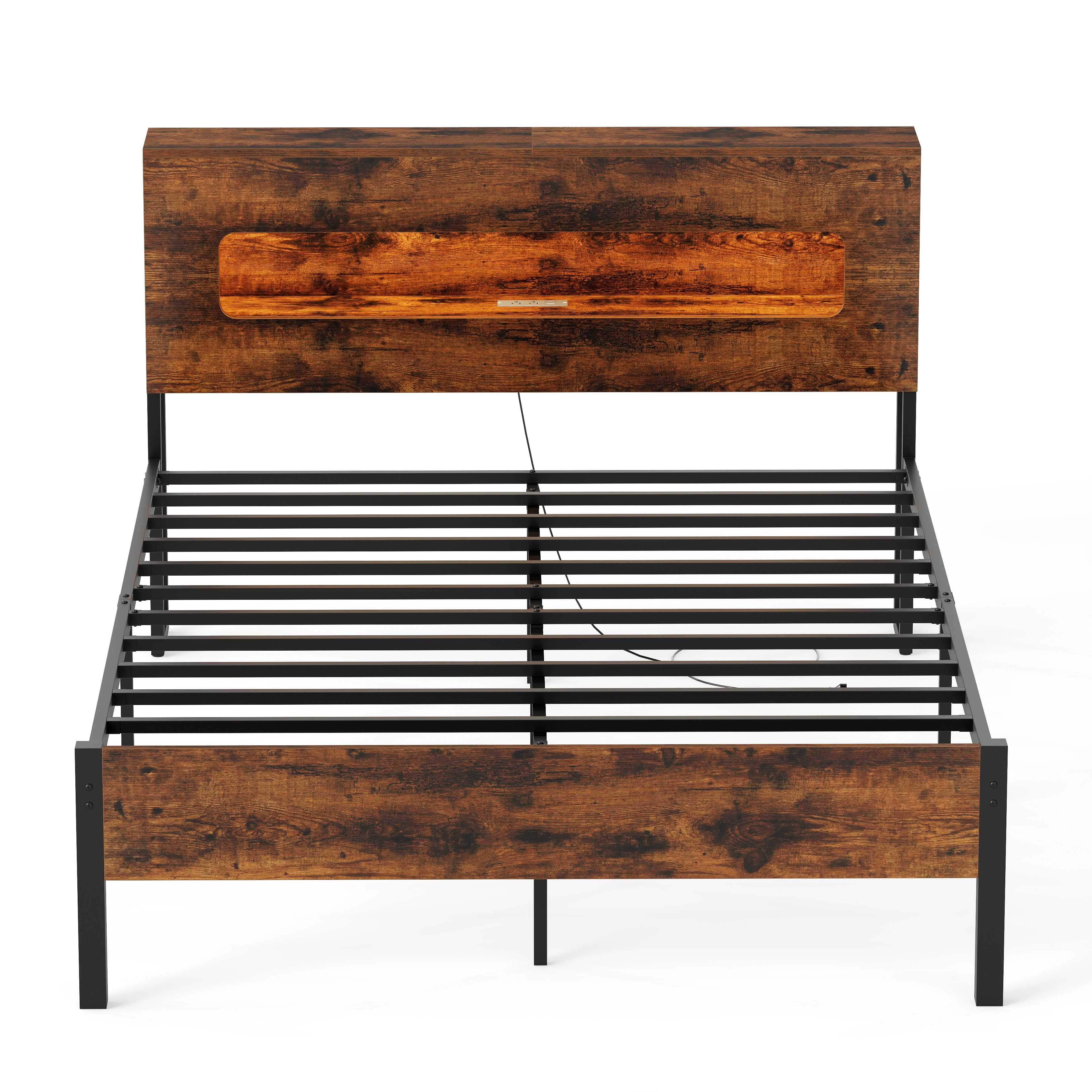Slatted Full Bed Frame with LED Lights and Storage Headboard No Box Spring Needed-Full Size Simple Bed Frame Options at Gallery Canada