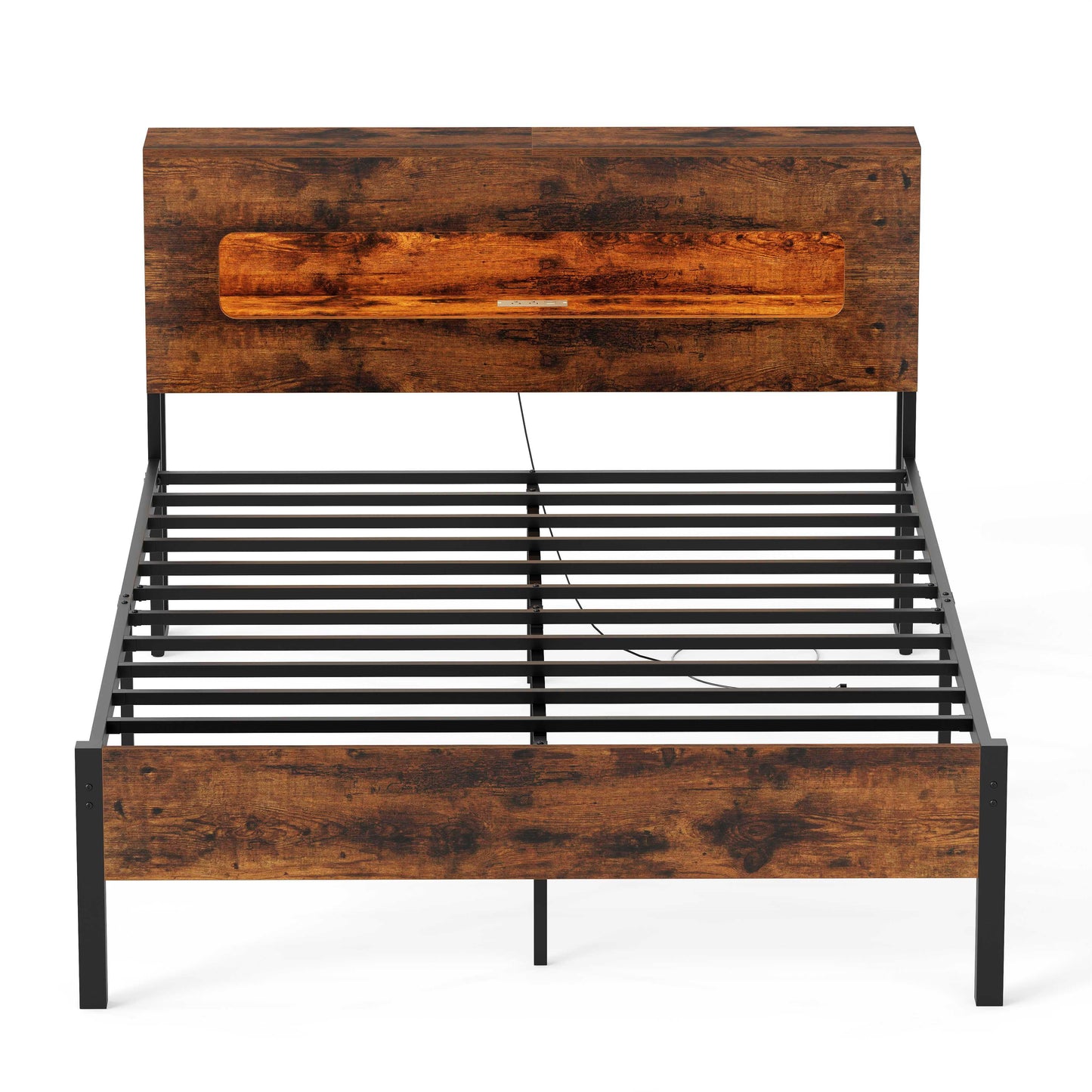 Slatted Full Bed Frame with LED Lights and Storage Headboard No Box Spring Needed-Full Size Simple Bed Frame Options at Gallery Canada