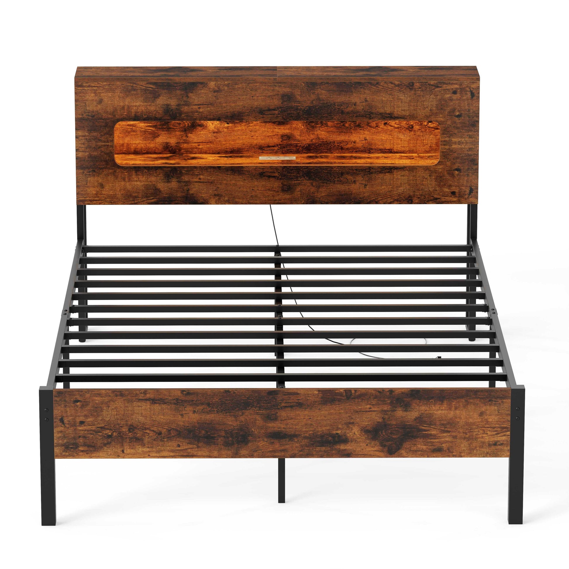 Slatted Full Bed Frame with LED Lights and Storage Headboard No Box Spring Needed-Full Size Simple Bed Frame Options at Gallery Canada