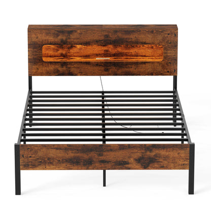 Slatted Full Bed Frame with LED Lights and Storage Headboard No Box Spring Needed-Full Size Simple Bed Frame Options at Gallery Canada