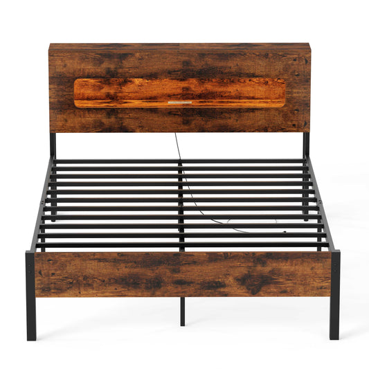 Slatted Full Bed Frame with LED Lights and Storage Headboard No Box Spring Needed-Full Size Simple Bed Frame Options at Gallery Canada