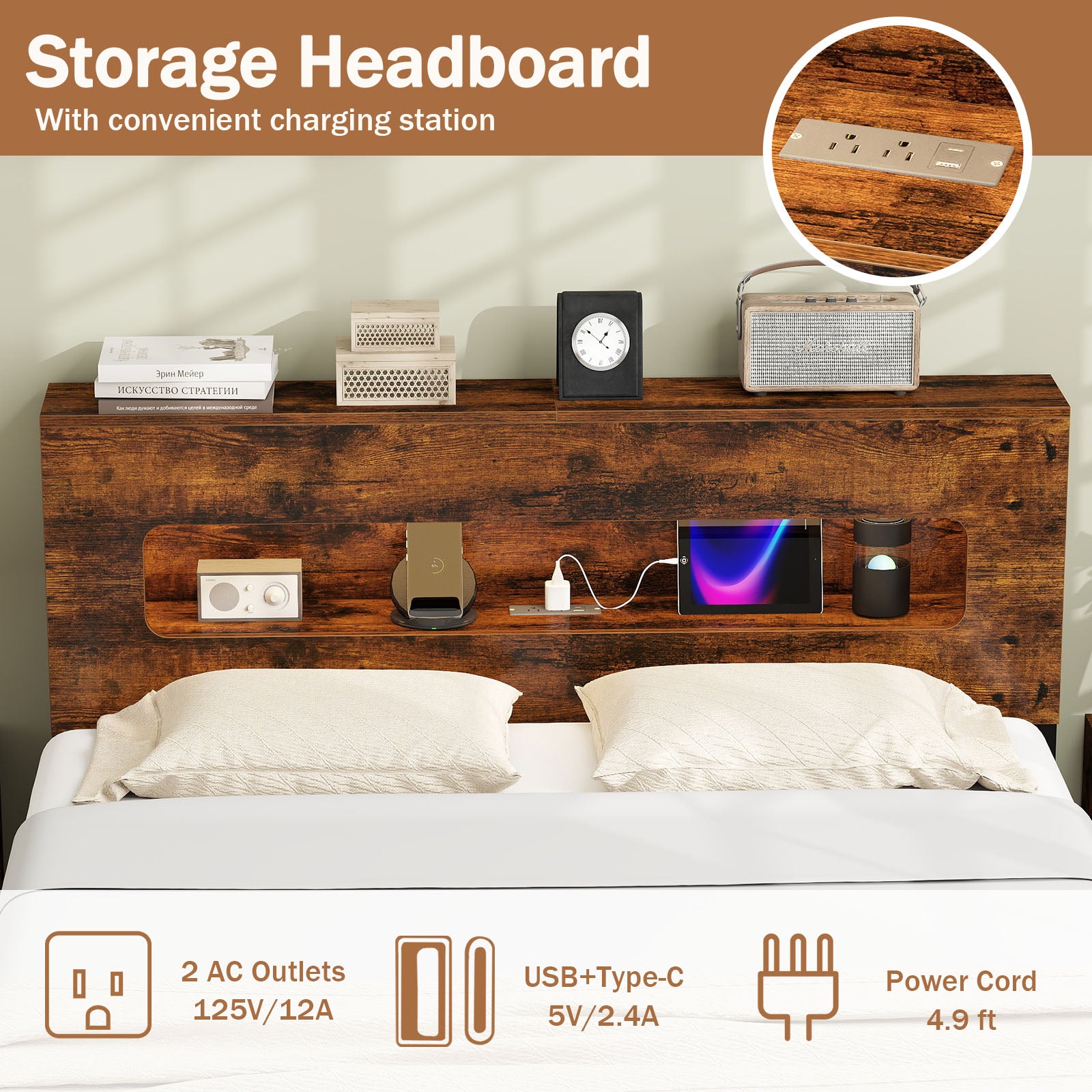 Slatted Full Bed Frame with LED Lights and Storage Headboard No Box Spring Needed-Full Size Simple Bed Frame at Gallery Canada