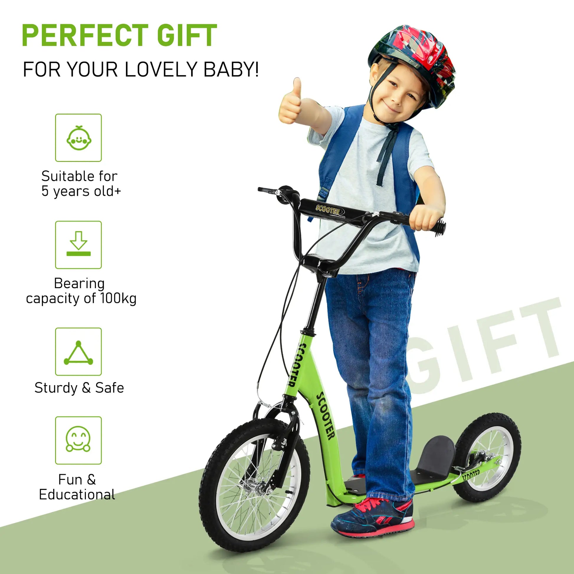 Kids Scooter, Adjustable Handlebar, Dual Brakes, Inflatable Wheels, Age 5+, Green Scooters at Gallery Canada
