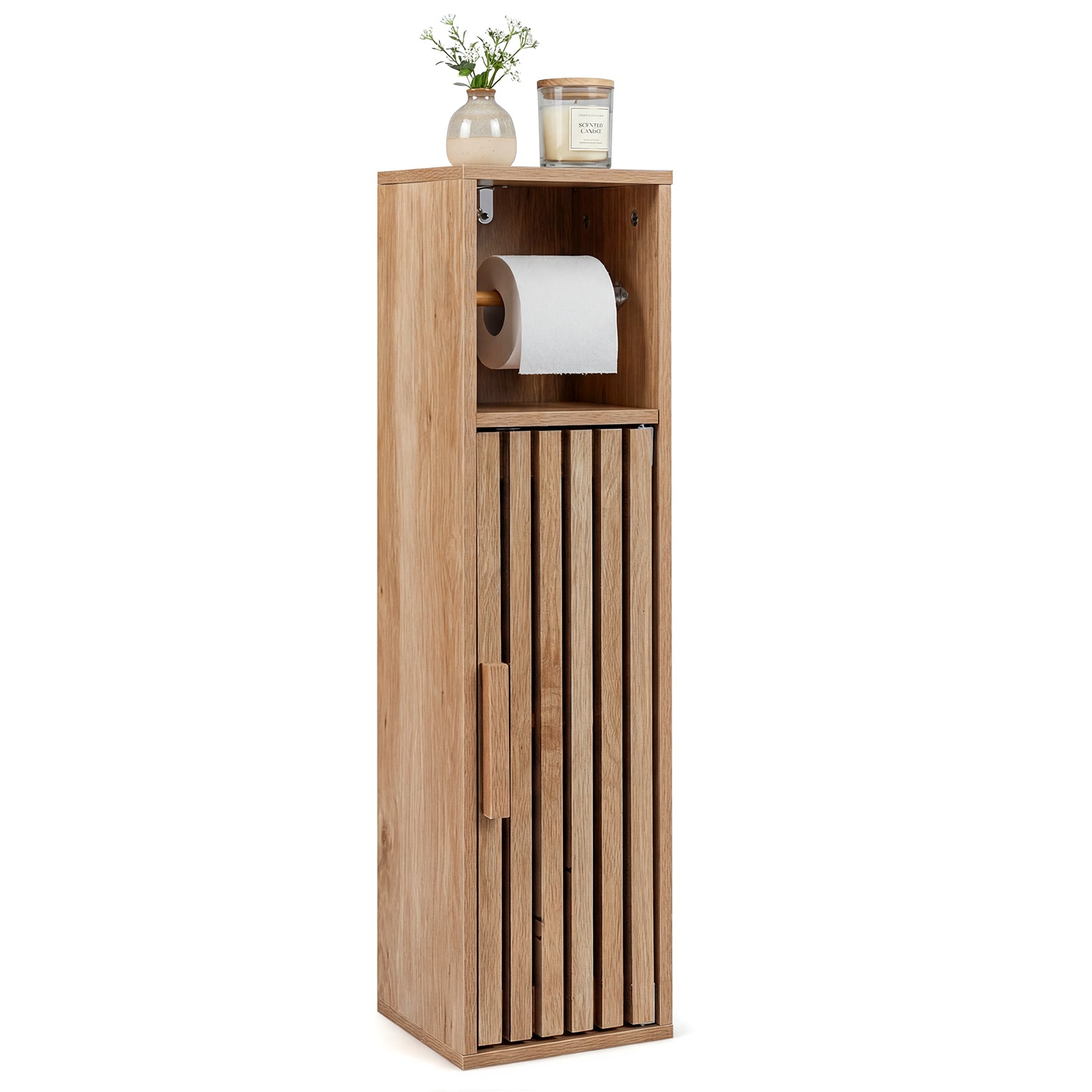 Slim Freestanding Bathroom Cabinet, Toilet Paper Holder With Door, Natural Floor Cabinets Natural at Gallery Canada