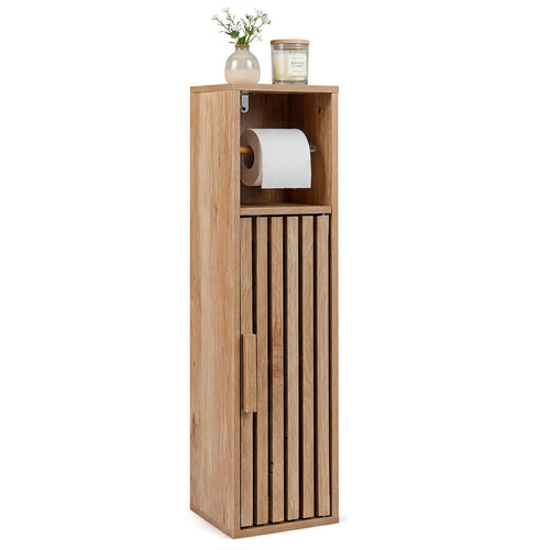 Slim Freestanding Bathroom Cabinet, Toilet Paper Holder With Door, Natural
