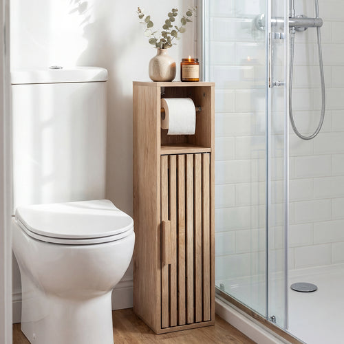 Slim Freestanding Bathroom Cabinet, Toilet Paper Holder With Door, Natural