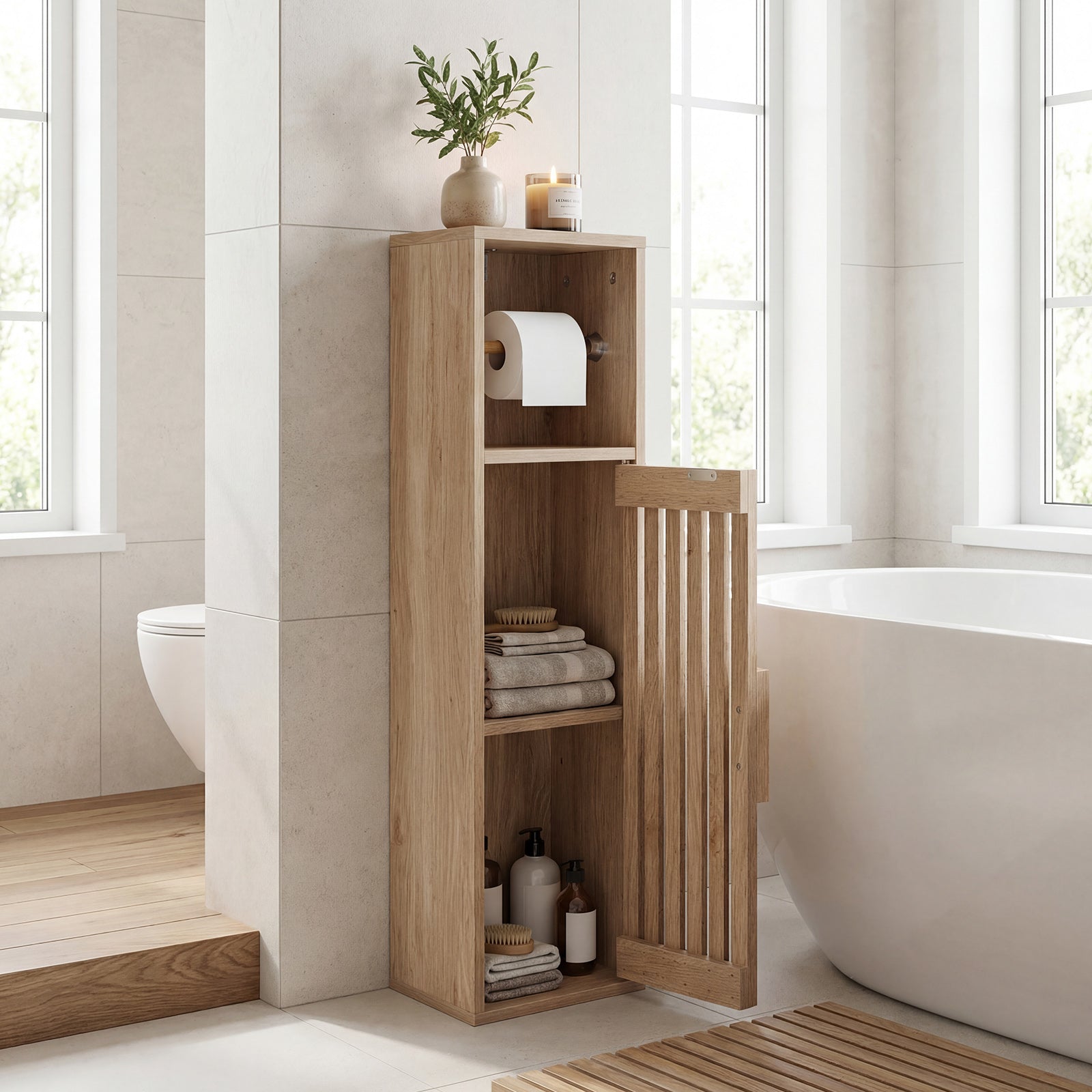 Slim Freestanding Bathroom Cabinet, Toilet Paper Holder With Door, Natural Floor Cabinets at Gallery Canada