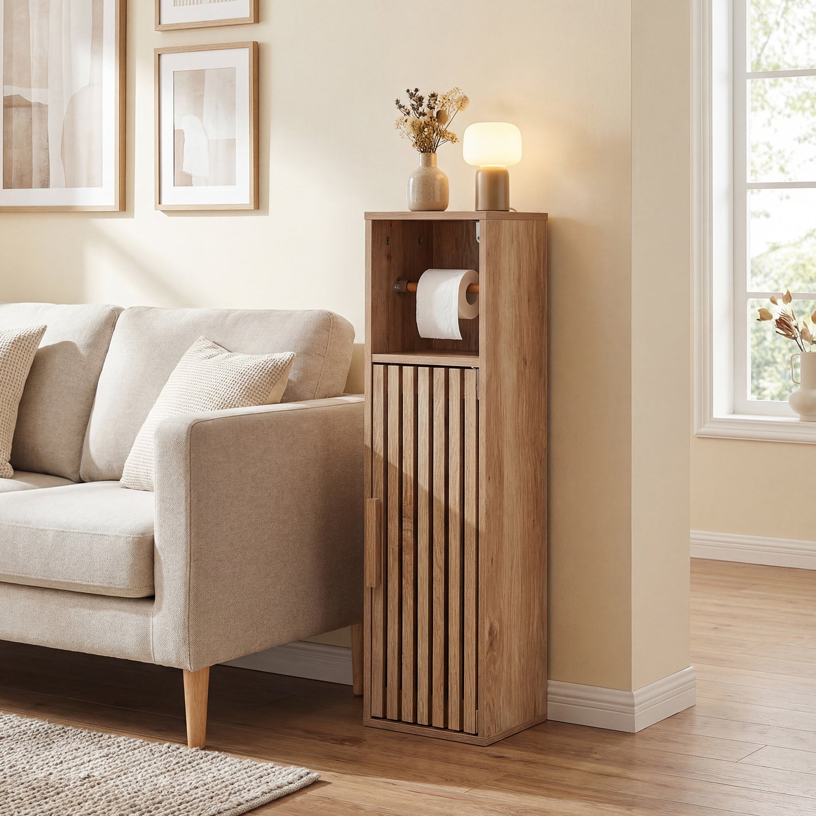 Slim Freestanding Bathroom Cabinet, Toilet Paper Holder With Door, Natural Floor Cabinets at Gallery Canada