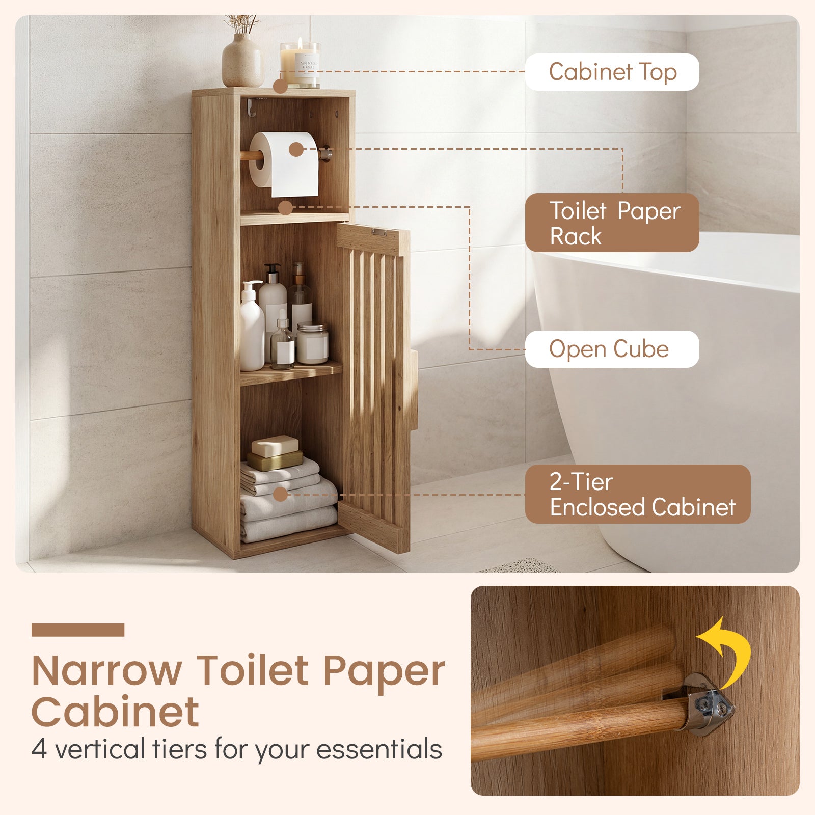 Slim Freestanding Bathroom Cabinet, Toilet Paper Holder With Door, Natural Floor Cabinets at Gallery Canada
