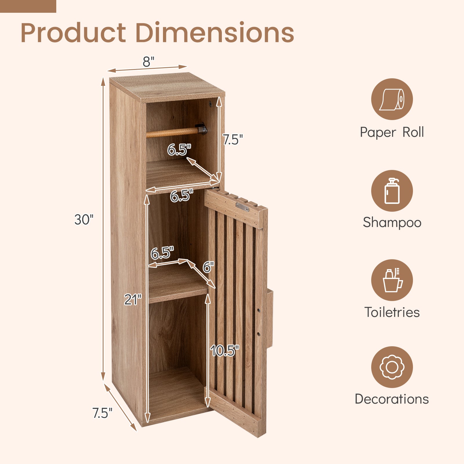 Slim Freestanding Bathroom Cabinet, Toilet Paper Holder With Door, Natural Floor Cabinets at Gallery Canada