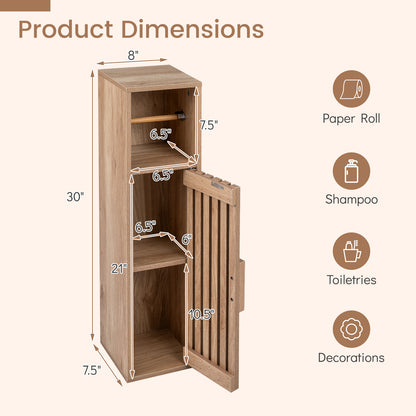 Slim Freestanding Bathroom Cabinet, Toilet Paper Holder With Door, Natural Floor Cabinets at Gallery Canada