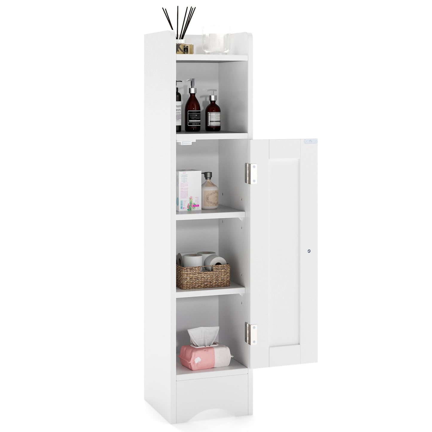 Slim Corner Bathroom Cabinet, 1 Door, Adjustable Shelves, White Floor Cabinets at Gallery Canada