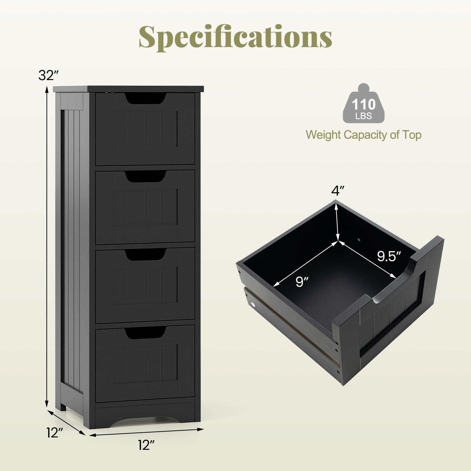 Free-Standing Side Storage Organizer, 4 Drawers, Black Floor Cabinets at Gallery Canada