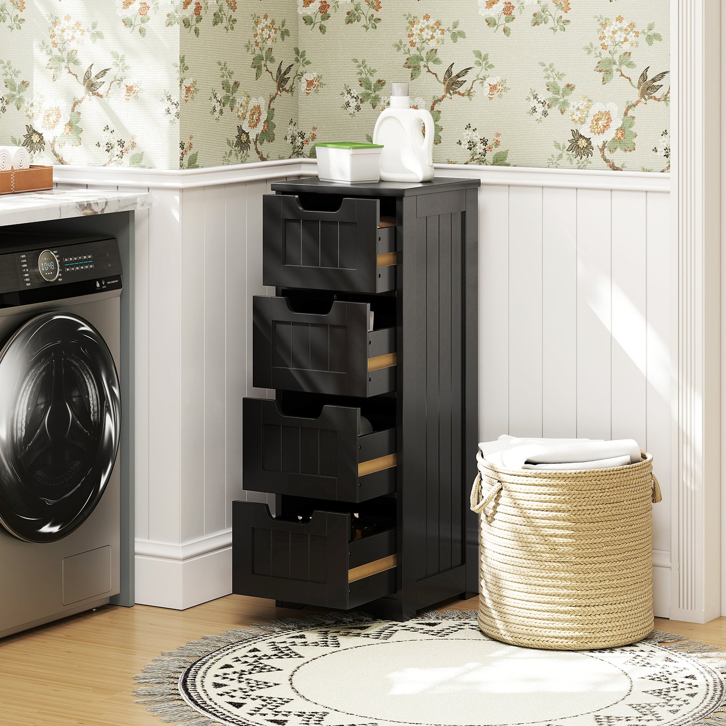 Free-Standing Side Storage Organizer with 4 Drawers, Black Floor Cabinets at Gallery Canada