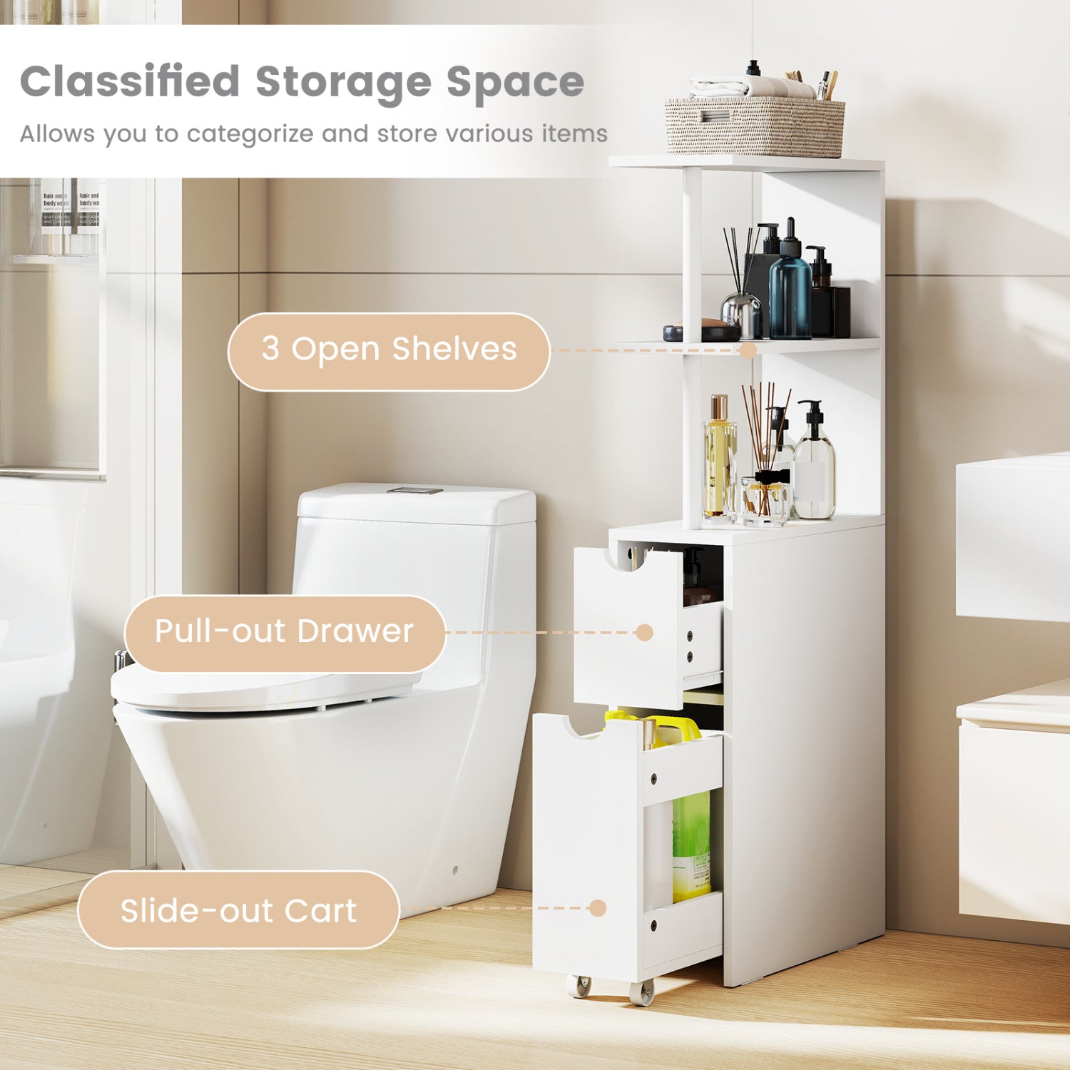 Slim Storage Freestanding Bathroom Cabinet with Open Shelves, White Floor Cabinets at Gallery Canada