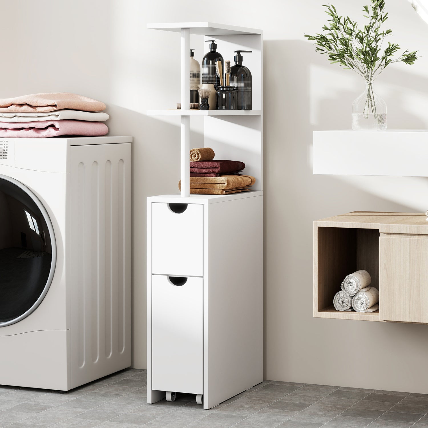 Slim Storage Freestanding Bathroom Cabinet with Open Shelves, White Floor Cabinets at Gallery Canada