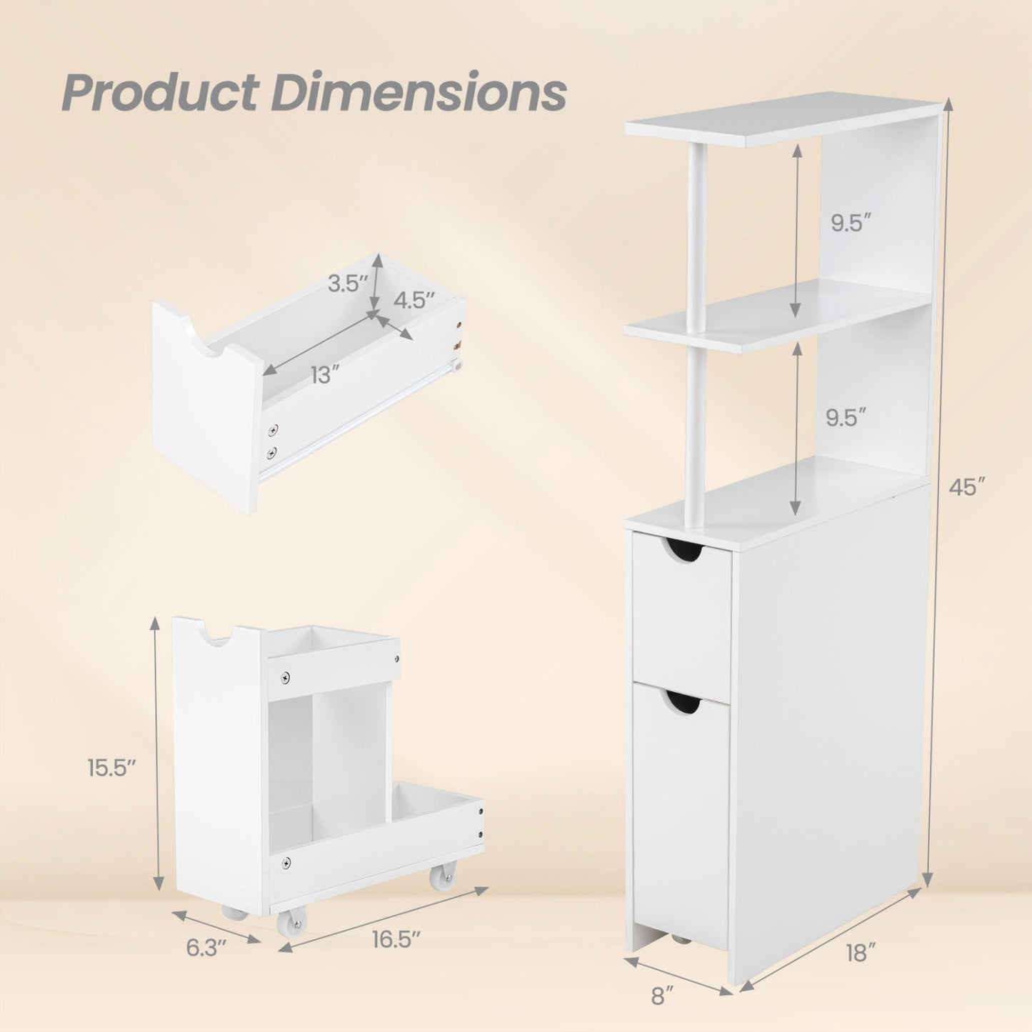 Slim Storage Freestanding Bathroom Cabinet with Open Shelves, White Floor Cabinets at Gallery Canada