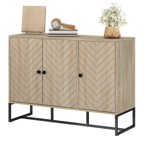 Modern Sideboard, Adjustable Shelves, 3 Chevron Doors, Oak Wood Grain