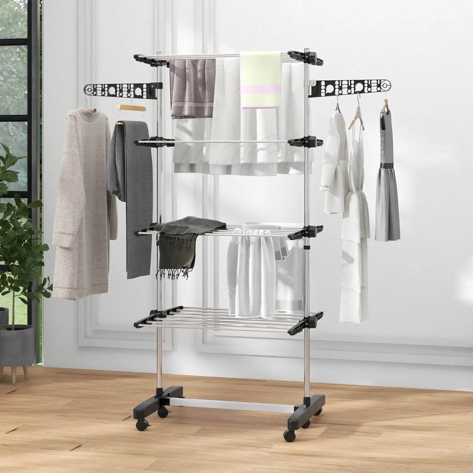 Stainless Steel Folding Clothes Drying Rack, Side Wings, Castors, Indoor Outdoor, Black Bath Accessories at Gallery Canada