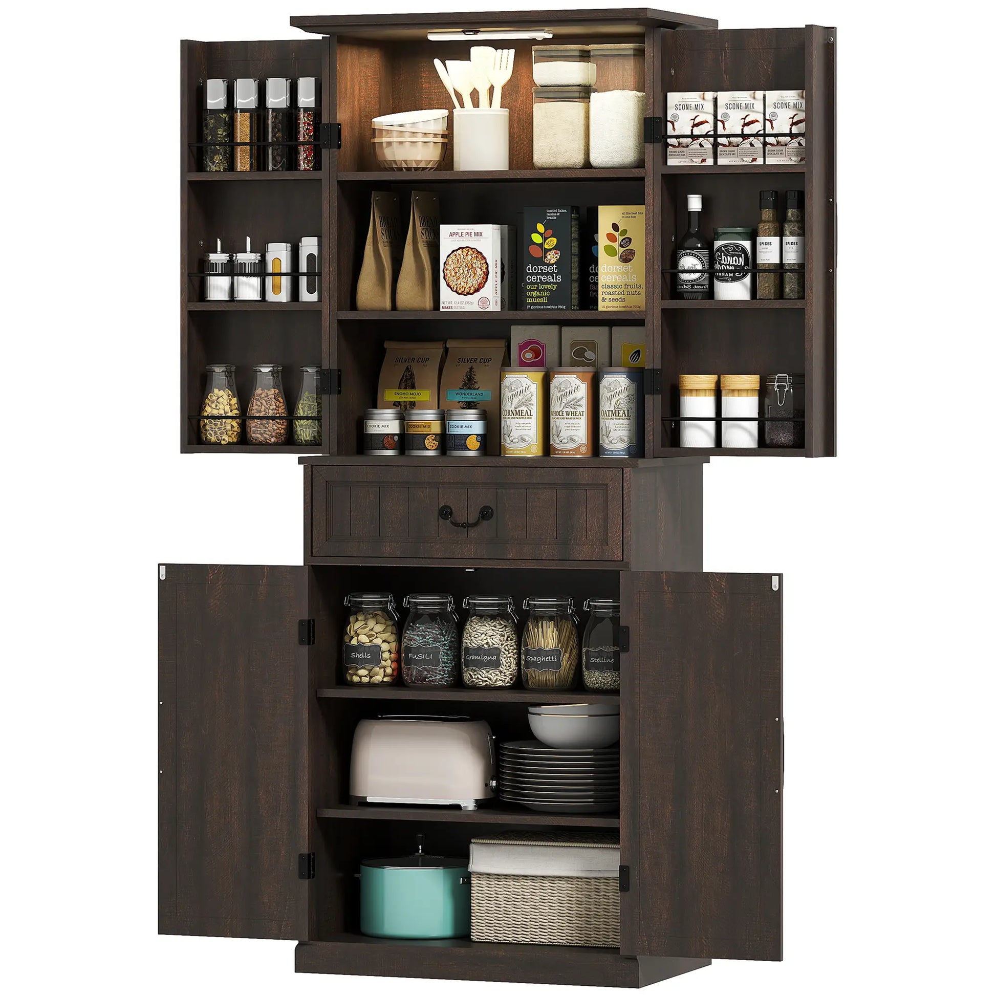 71" LED Kitchen Pantry Cabinet, Farmhouse Storage, Distressed Brown, Brown Kitchen Pantry Cabinets Distressed Brown at Gallery Canada