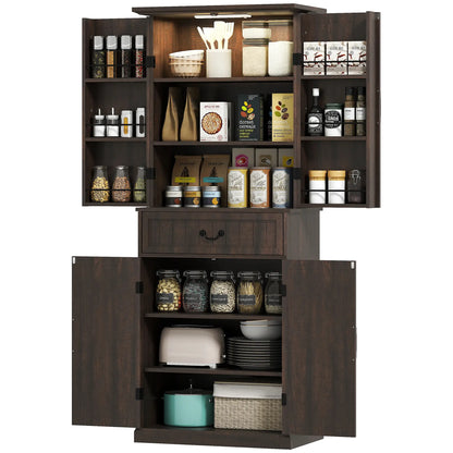 71" LED Kitchen Pantry Cabinet, Farmhouse Storage, Distressed Brown, Brown Kitchen Pantry Cabinets Distressed Brown at Gallery Canada