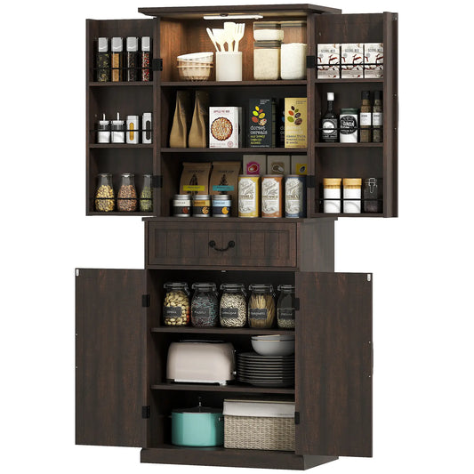 71" LED Kitchen Pantry Cabinet, Farmhouse Storage, Distressed Brown, Brown Kitchen Pantry Cabinets Distressed Brown at Gallery Canada