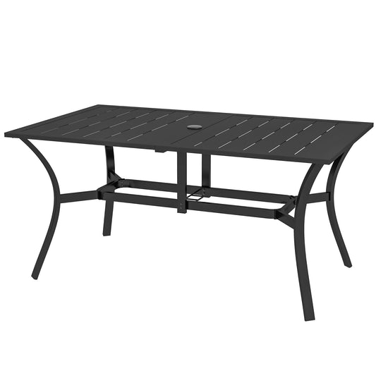 Rectangle Patio Dining Table with Umbrella Hole, Outdoor Dining Table for 6 with Steel Frame for Garden, Balcony, Black - Gallery Canada