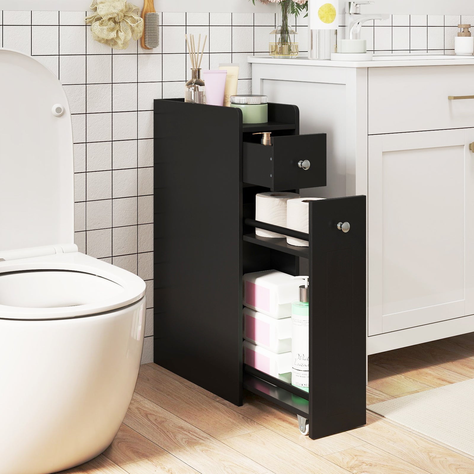 Small Bathroom Storage Cabinet 4-Tier Narrow Toilet Side Storage Cabinet with Slide Out Drawers on Casters, Black Floor Cabinets at Gallery Canada