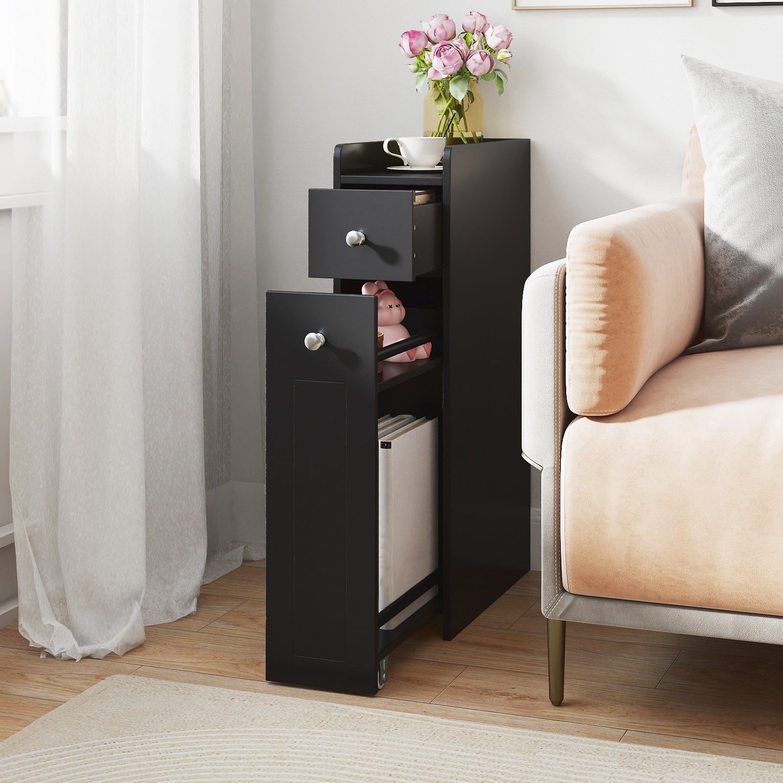 Small Bathroom Storage Cabinet 4-Tier Narrow Toilet Side Storage Cabinet with Slide Out Drawers on Casters, Black Floor Cabinets at Gallery Canada