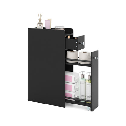 Small Bathroom Storage Cabinet 4-Tier Narrow Toilet Side Storage Cabinet with Slide Out Drawers on Casters, Black Floor Cabinets Black at Gallery Canada