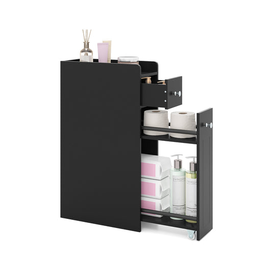 Small Bathroom Storage Cabinet 4-Tier Narrow Toilet Side Storage Cabinet with Slide Out Drawers on Casters, Black Floor Cabinets Black at Gallery Canada