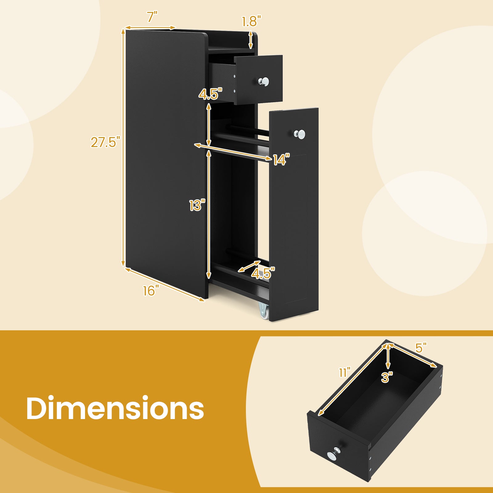 Small Bathroom Storage Cabinet 4-Tier Narrow Toilet Side Storage Cabinet with Slide Out Drawers on Casters, Black Floor Cabinets at Gallery Canada