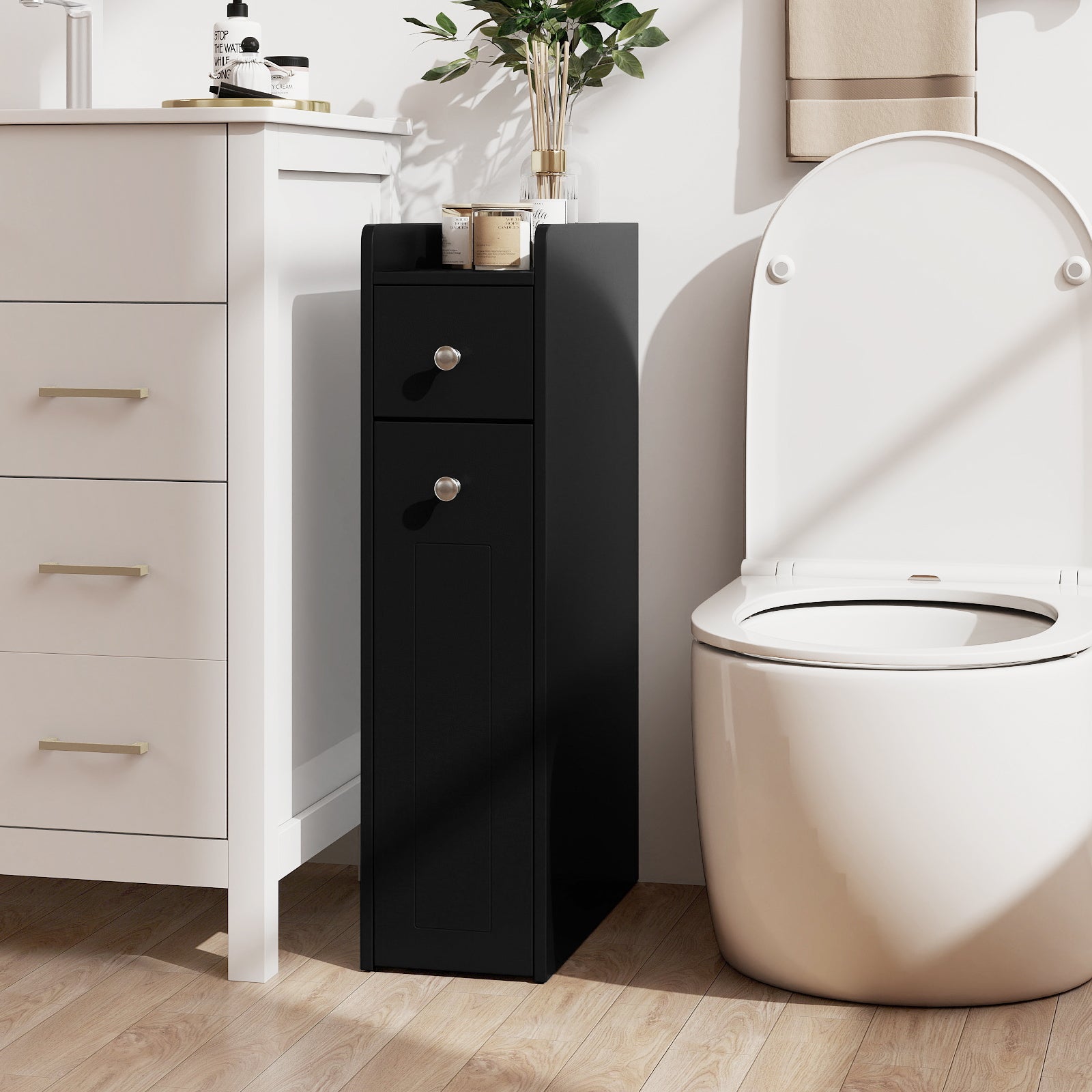 Small Bathroom Storage Cabinet 4-Tier Narrow Toilet Side Storage Cabinet with Slide Out Drawers on Casters, Black Floor Cabinets at Gallery Canada