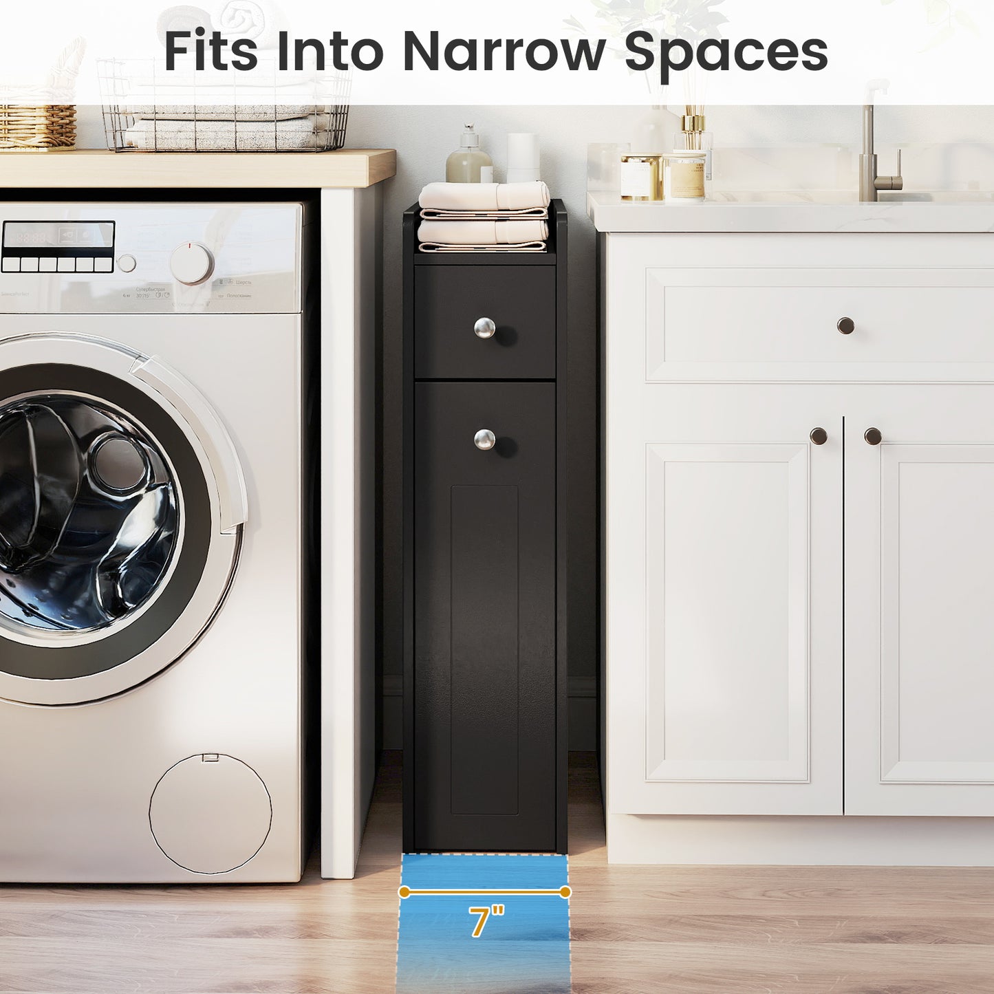 Small Bathroom Storage Cabinet 4-Tier Narrow Toilet Side Storage Cabinet with Slide Out Drawers on Casters, Black Floor Cabinets at Gallery Canada