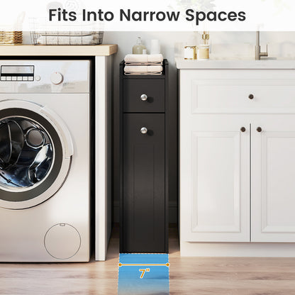 Small Bathroom Storage Cabinet 4-Tier Narrow Toilet Side Storage Cabinet with Slide Out Drawers on Casters, Black Floor Cabinets at Gallery Canada