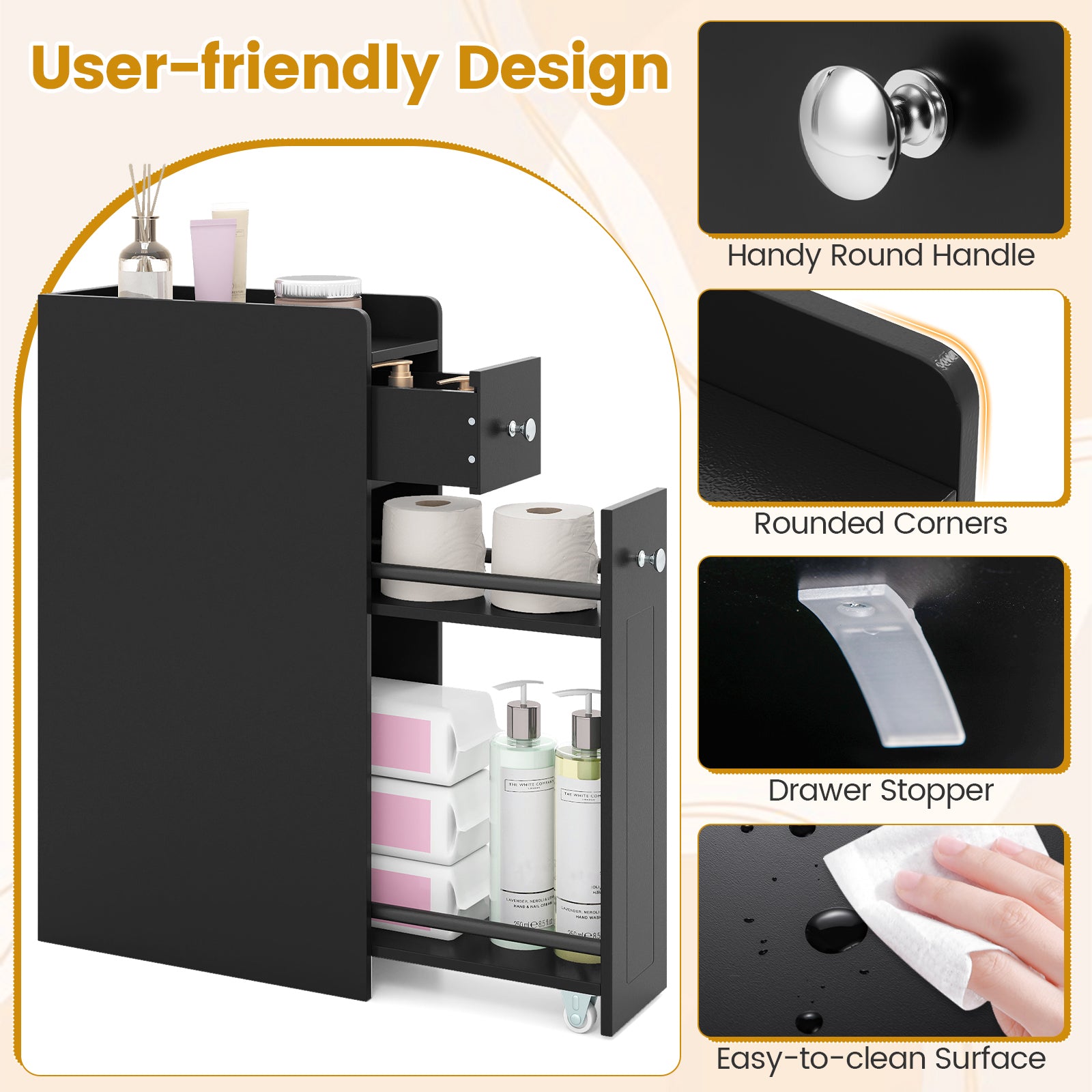 Small Bathroom Storage Cabinet 4-Tier Narrow Toilet Side Storage Cabinet with Slide Out Drawers on Casters, Black Floor Cabinets at Gallery Canada