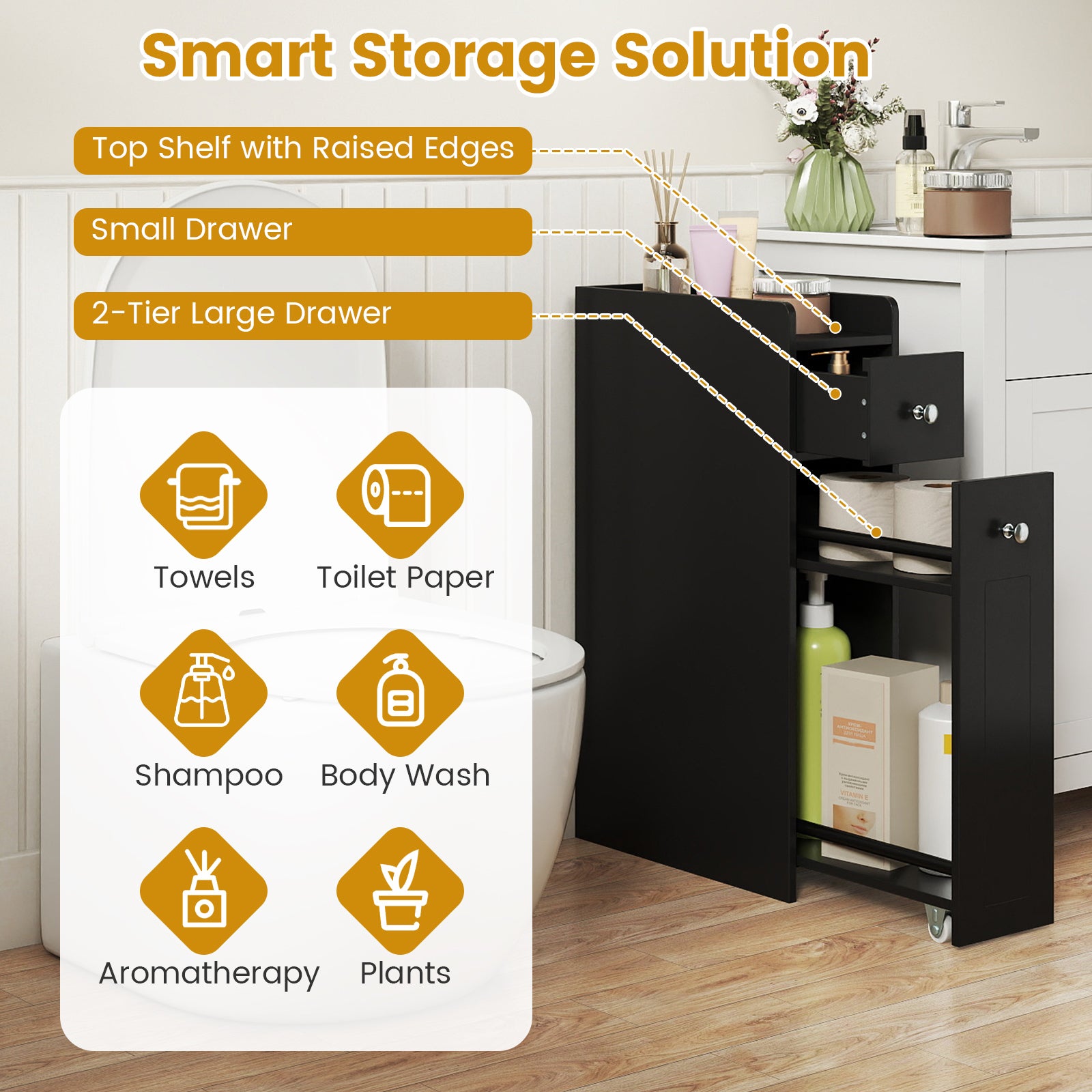 Small Bathroom Storage Cabinet 4-Tier Narrow Toilet Side Storage Cabinet with Slide Out Drawers on Casters, Black Floor Cabinets at Gallery Canada