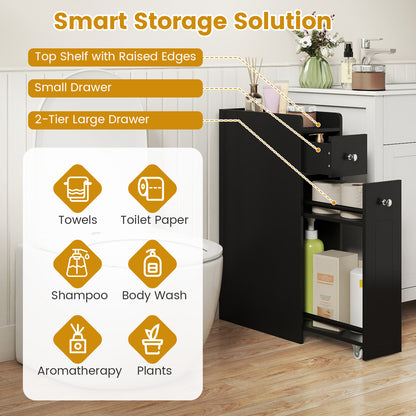 Small Bathroom Storage Cabinet 4-Tier Narrow Toilet Side Storage Cabinet with Slide Out Drawers on Casters, Black Floor Cabinets at Gallery Canada