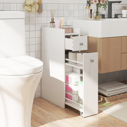 Small Bathroom Storage Cabinet 4-Tier Narrow Toilet Side Storage Cabinet with Slide Out Drawers on Casters, White Floor Cabinets White at Gallery Canada