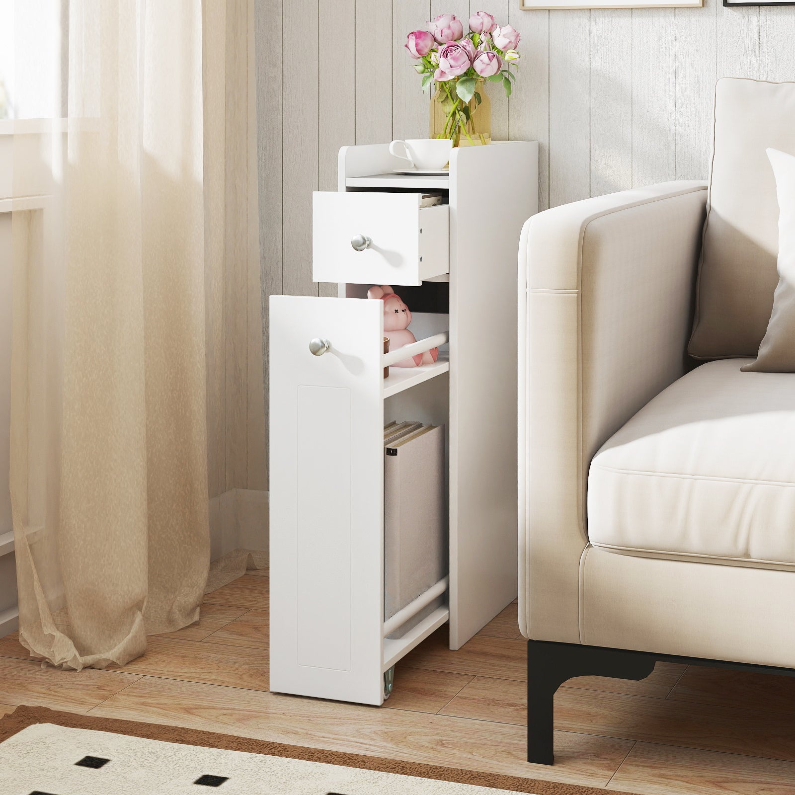 Small Bathroom Storage Cabinet 4-Tier Narrow Toilet Side Storage Cabinet with Slide Out Drawers on Casters, White Floor Cabinets at Gallery Canada