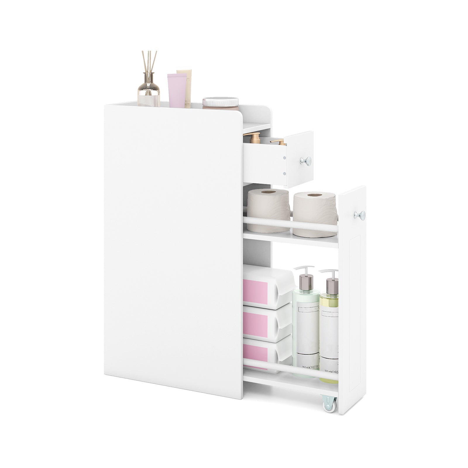 Small Bathroom Storage Cabinet 4-Tier Narrow Toilet Side Storage Cabinet with Slide Out Drawers on Casters, White Floor Cabinets at Gallery Canada