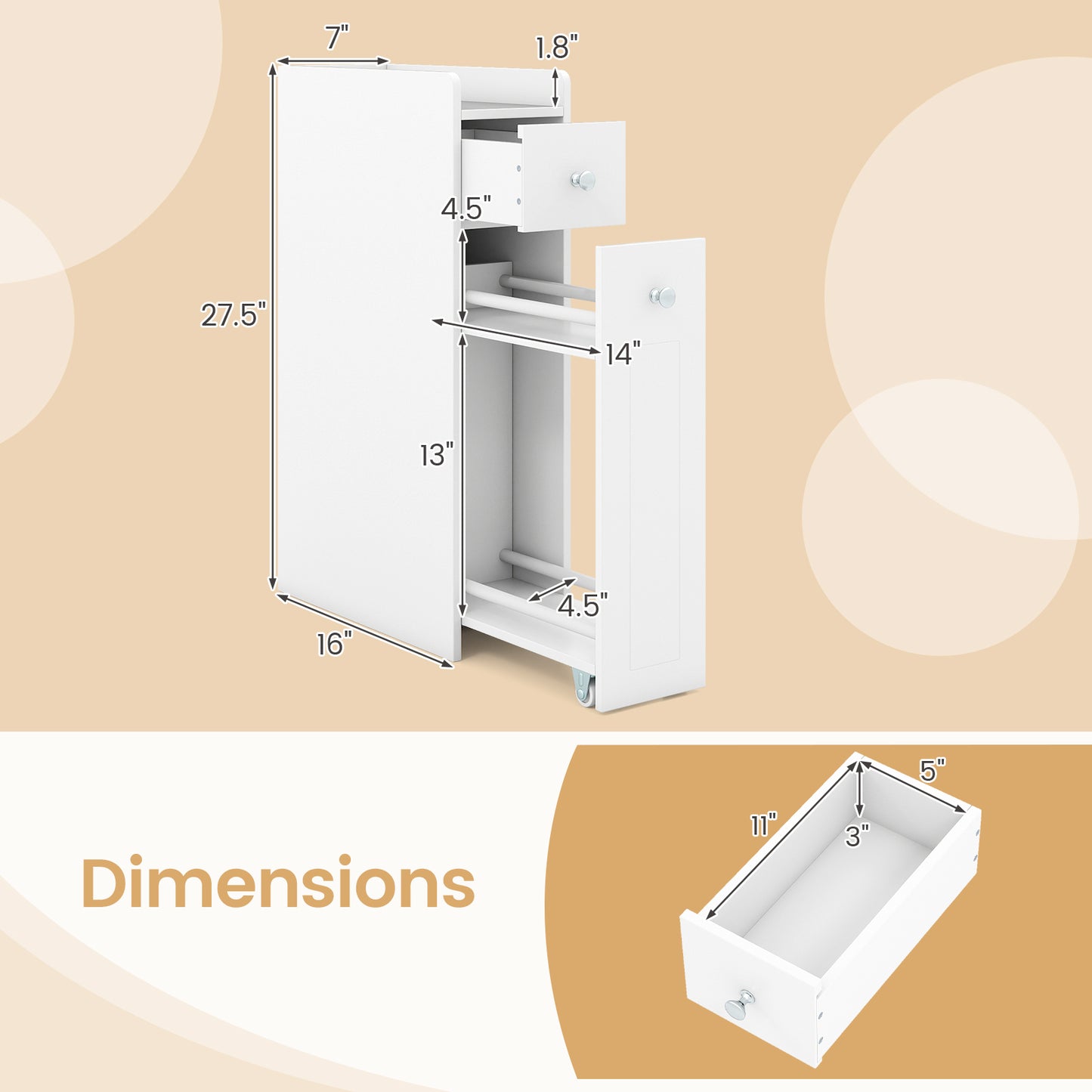 Small Bathroom Storage Cabinet 4-Tier Narrow Toilet Side Storage Cabinet with Slide Out Drawers on Casters, White Floor Cabinets at Gallery Canada
